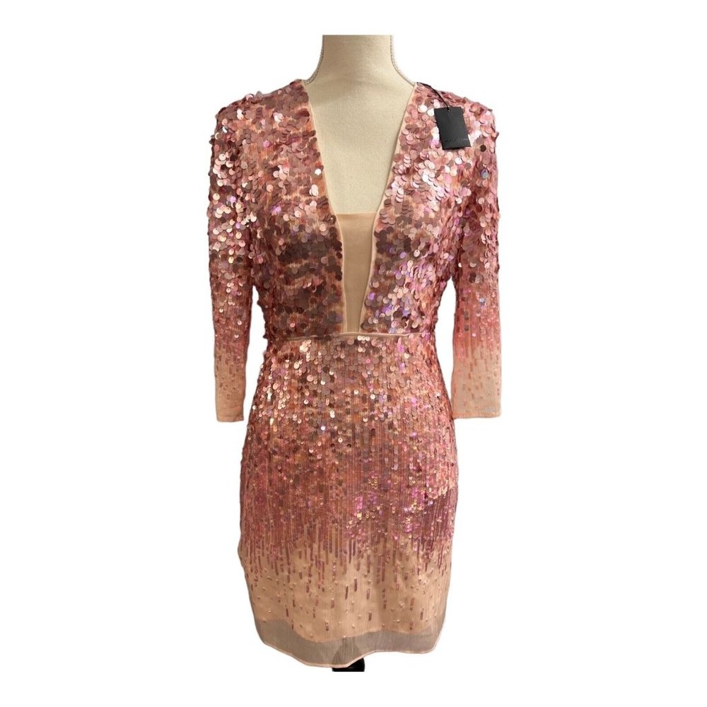 Halston Heritage Pink Chiffon Sequin Dress Knee Length Sheer Lined Size 2